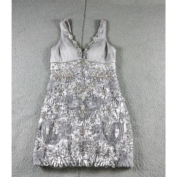 Sue Wong Nocturne Beaded Dress 12 Silver Floral Embroidery Party Cocktail - Picture 1 of 9